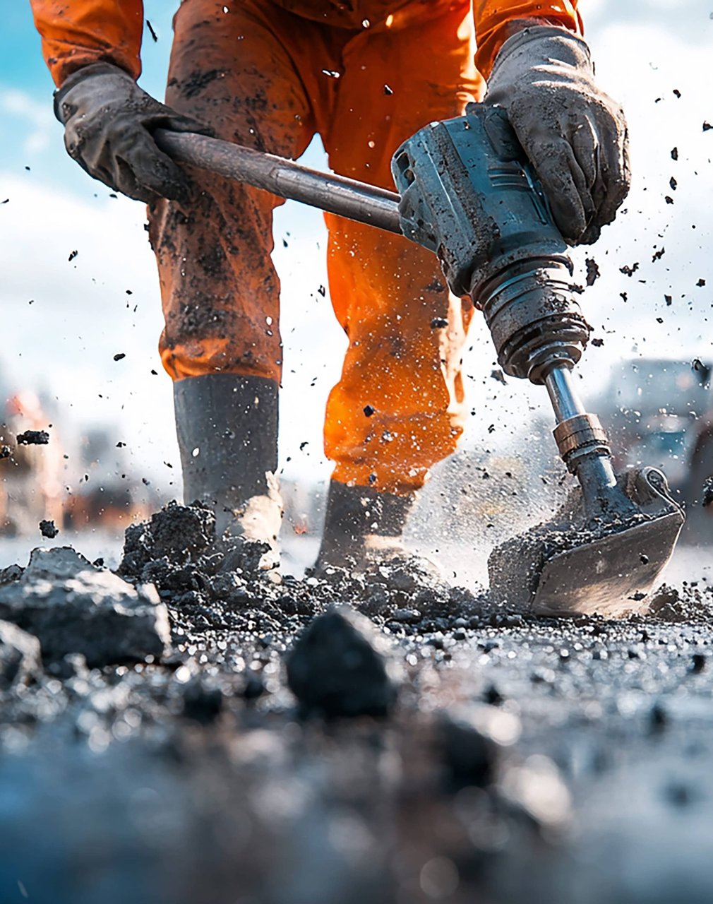 Worker breaking asphalt with jackhammer on job site