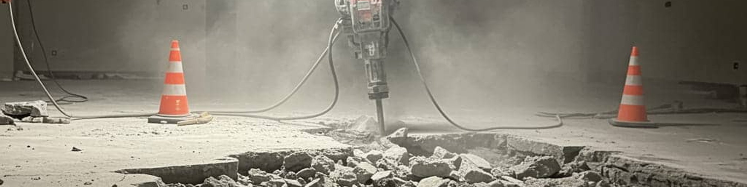 Interior concrete floor removal with hydraulic breaker indoors