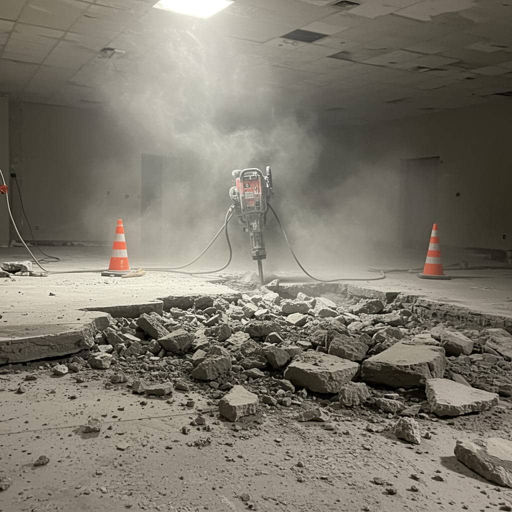 Interior concrete floor demolition with hydraulic breaker and dust