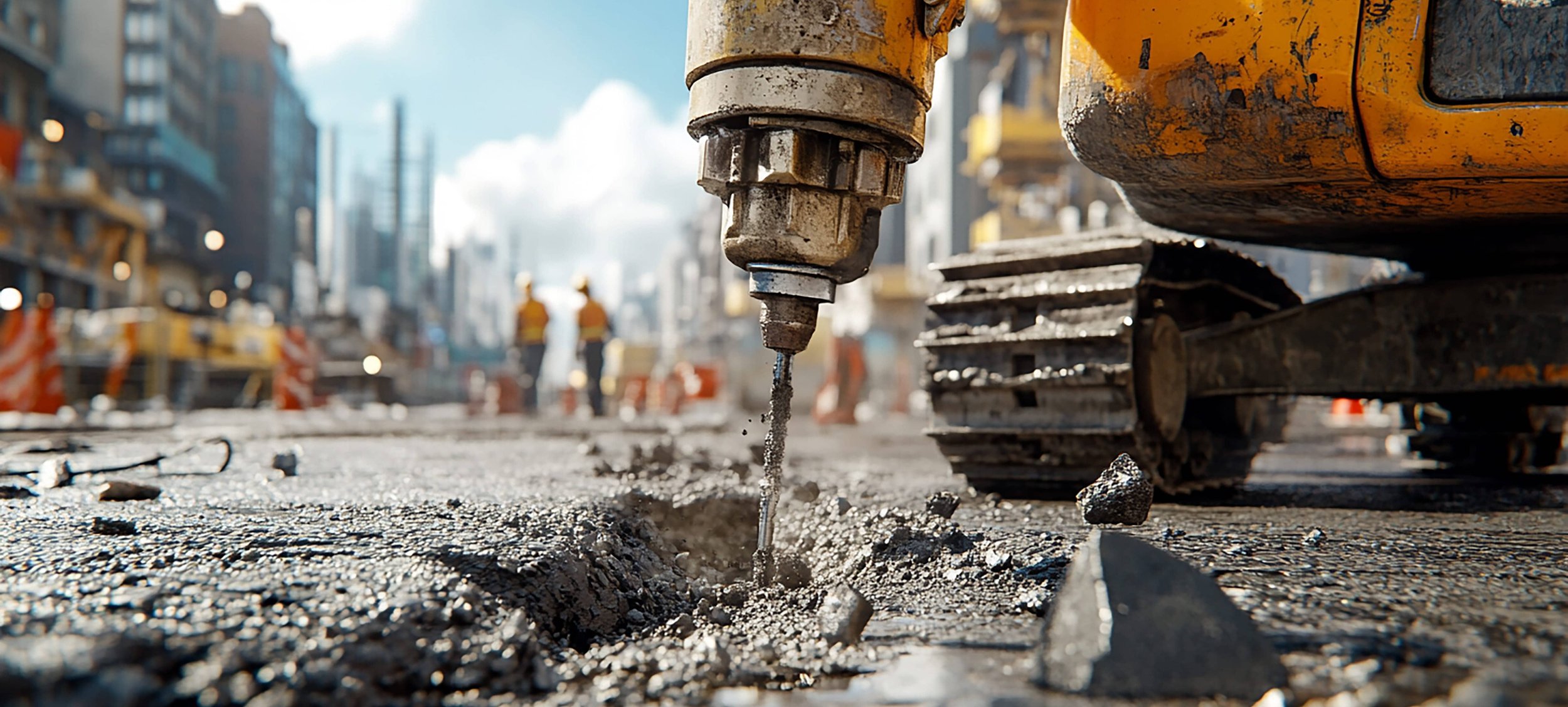 Close-up hydraulic breaker drilling through asphalt on city street
