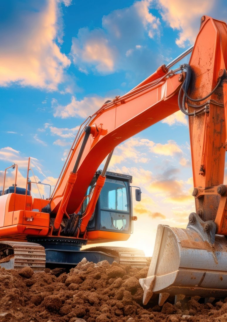 Large orange excavator on demolition job site